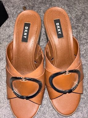 DKNY Tan Leather Slide Mules with Black Oval Buckle